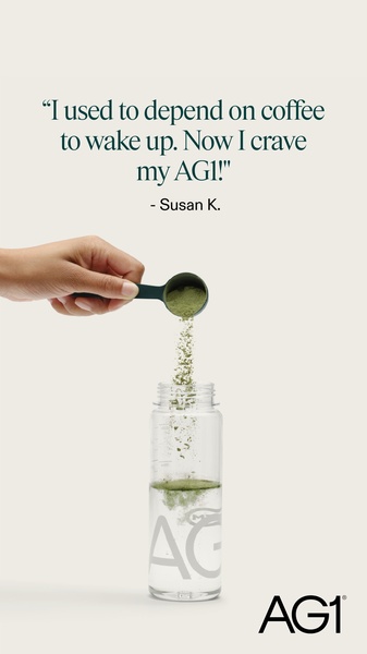 A clean, minimalist product ad for a dietary supplement powder that uses a customer quote to highlight a lifestyle benefit versus a previous habit.
